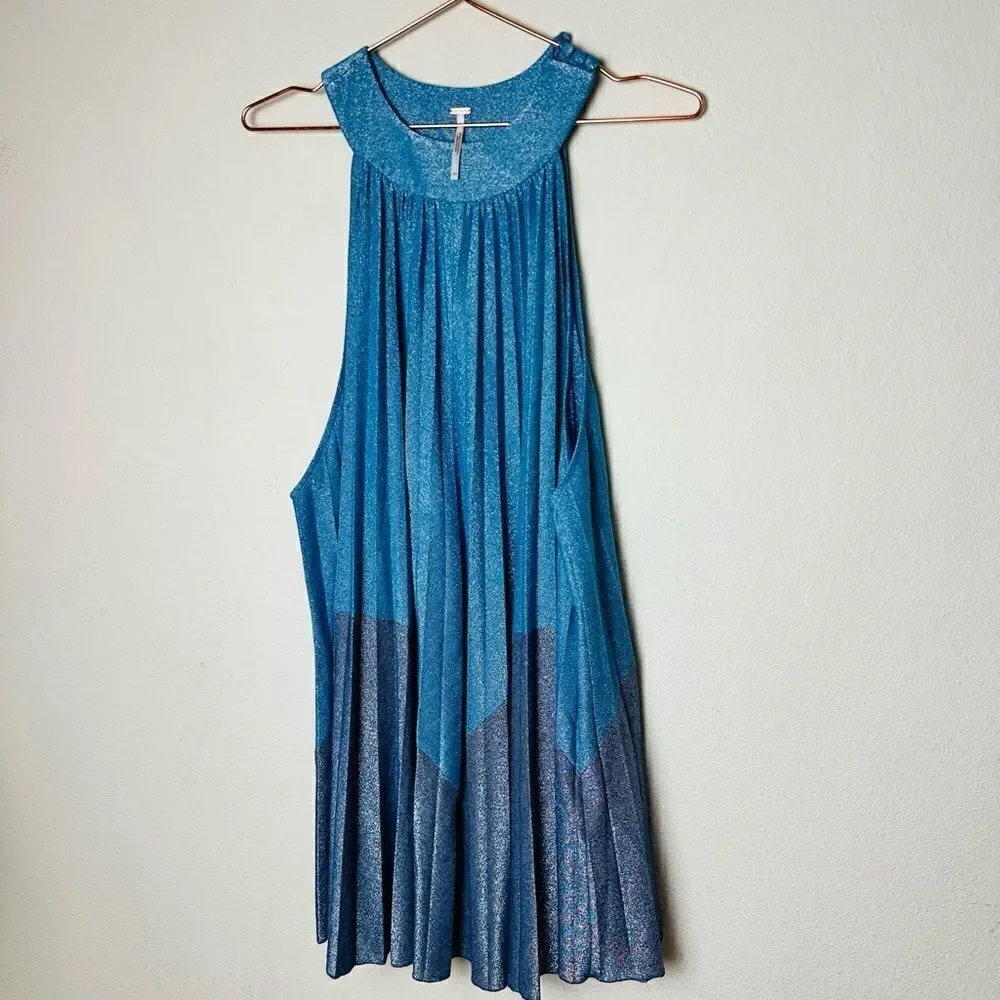 NWOT Free People Pleated Love Blue Metallic Mini Dress Medium